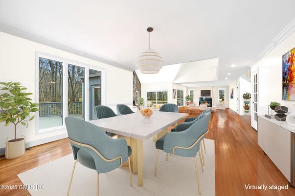 Dining room, Interior, Pendant Lights, Recessed Lighting, Wood Texture Flooring