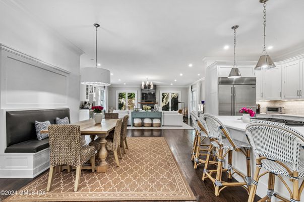 Dining room, Interior, Kitchen, Pendant Lights, Recessed Lighting, Stainless Steel Appliances, Wood Texture Flooring
