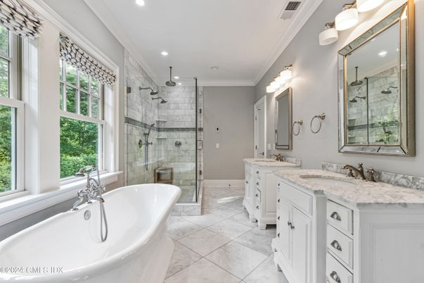 Bathroom, Dual Sink Vanities, Free Standing Baths, Glass Shower, Interior, Recessed Lighting