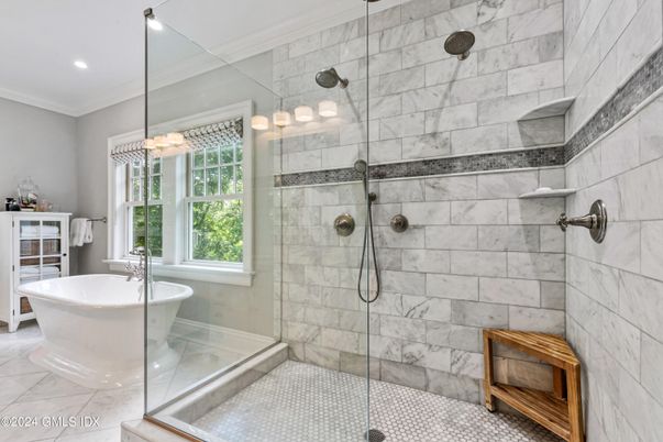 Bathroom, Free Standing Baths, Glass Shower, Interior, Marble Walls, Pendant Lights, Recessed Lighting