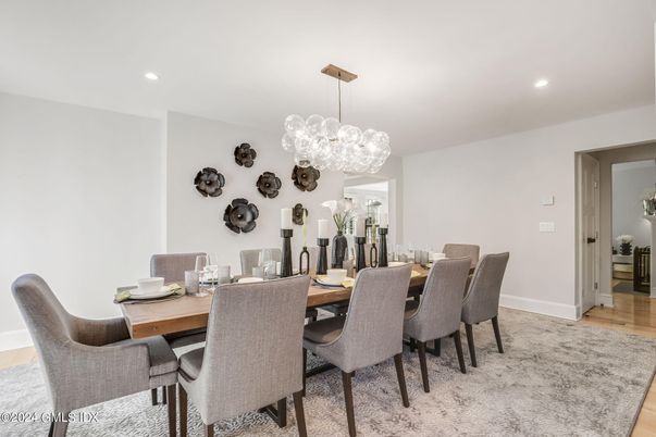 Chandelier, Dining room, Interior, Pendant Lights, Recessed Lighting, Wood Texture Flooring