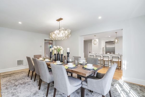 Dining room, Interior, Kitchen, Pendant Lights, Recessed Lighting, Wood Texture Flooring