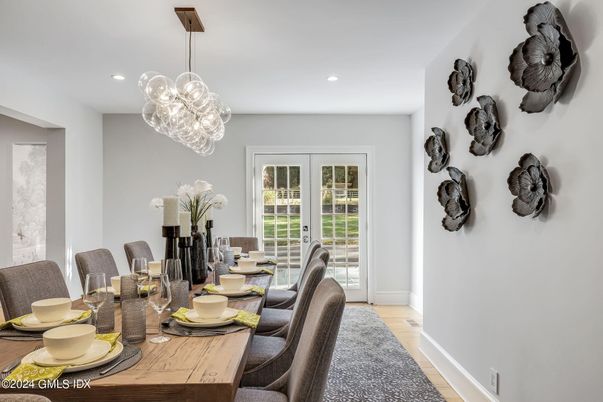 Dining room, Interior, Pendant Lights, Recessed Lighting, Wood Texture Flooring