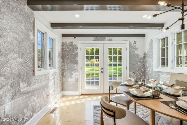 Dining room, Interior, Recessed Lighting, Wood Texture Flooring