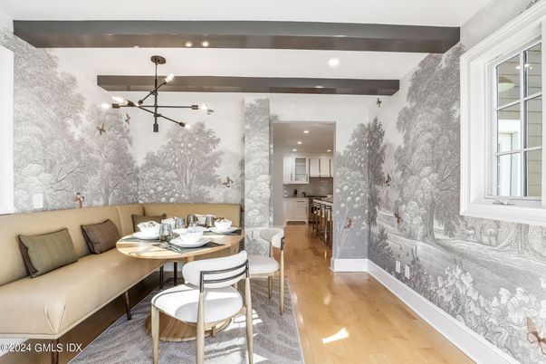 Dining room, Interior, Kitchen, Pendant Lights, Recessed Lighting, Wooden Beams, Wood Texture Flooring