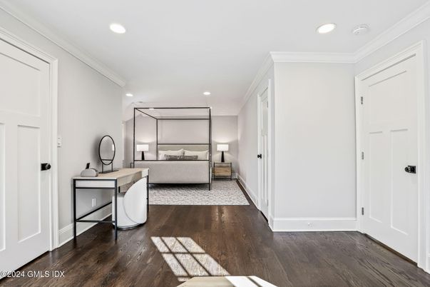 Bedroom, Interior, Recessed Lighting, Wood Texture Flooring