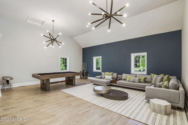 Billiard Table, Game Room, Interior, Living room, Pendant Lights, Wood Texture Flooring