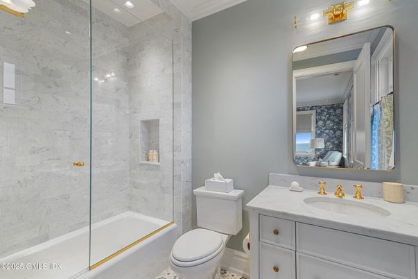 Bathroom, Glass Shower, Interior, Marble Walls, Recessed Lighting