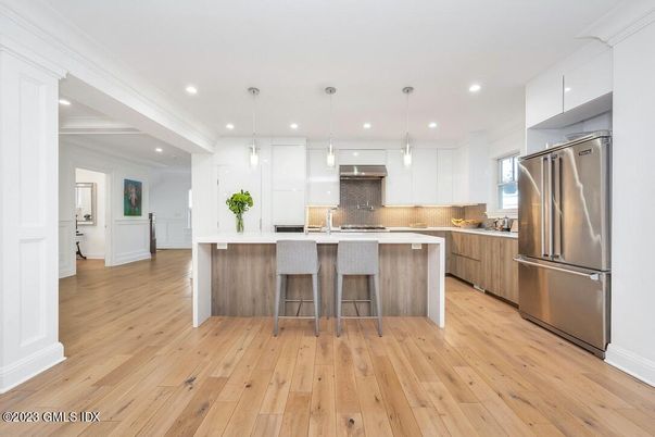 Interior, Kitchen, Pendant Lights, Recessed Lighting, Stainless Steel Appliances, Wood Texture Flooring