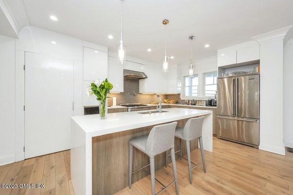 Interior, Kitchen, Pendant Lights, Recessed Lighting, Stainless Steel Appliances, Wood Texture Flooring