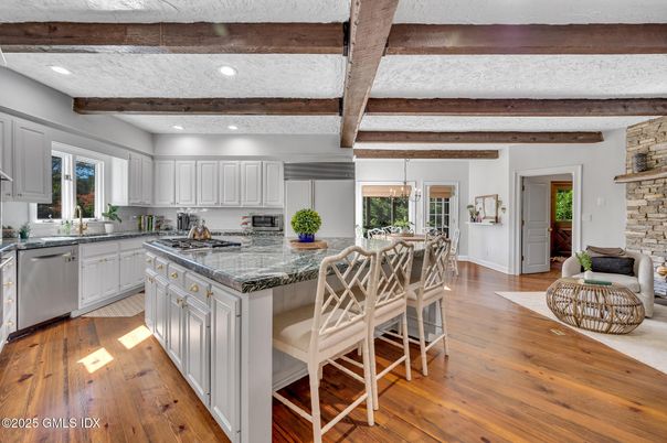 Interior, Kitchen, Recessed Lighting, Stainless Steel Appliances, Stone Walls, Wooden Beams, Wood Texture Flooring