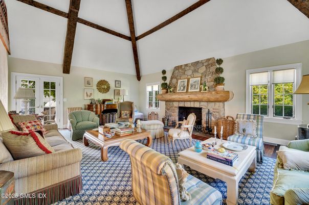 Fireplace, Interior, Living room, Stone Walls, Wooden Beams, Wood Texture Flooring