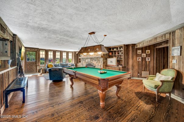 Billiard Table, Game Room, Interior, Pendant Lights, Wood Texture Flooring, Wooden Walls