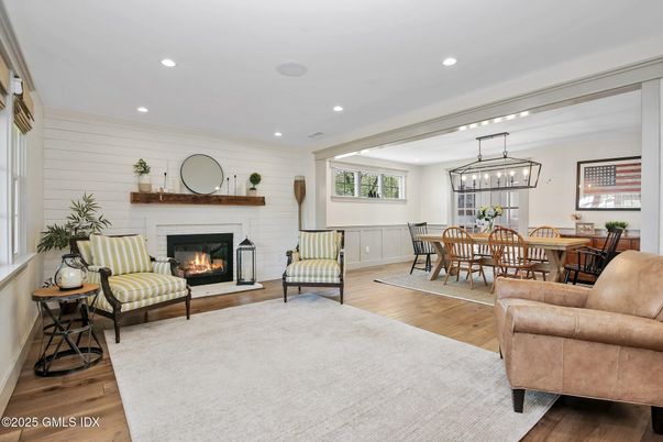 Dining room, Fireplace, Interior, Living room, Pendant Lights, Recessed Lighting, Stone Walls, Wood Texture Flooring