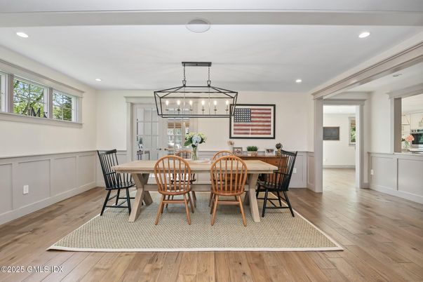 Dining room, Interior, Pendant Lights, Recessed Lighting, Wood Texture Flooring