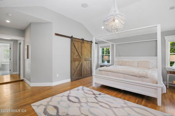 Bedroom, Chandelier, Interior, Recessed Lighting, Wood Texture Flooring