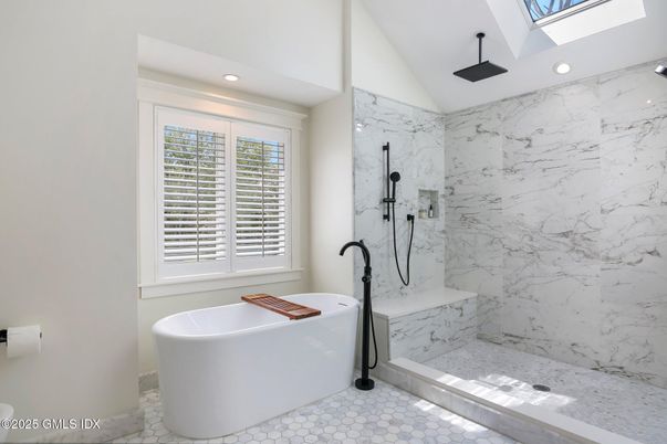 Bathroom, Free Standing Baths, Glass Shower, Interior, Marble Walls, Recessed Lighting