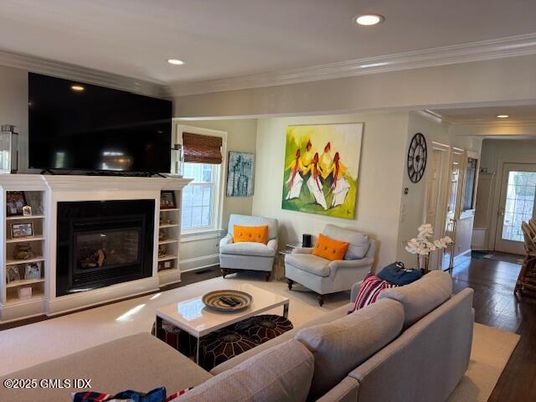 Fireplace, Interior, Living room, Recessed Lighting, Wood Texture Flooring