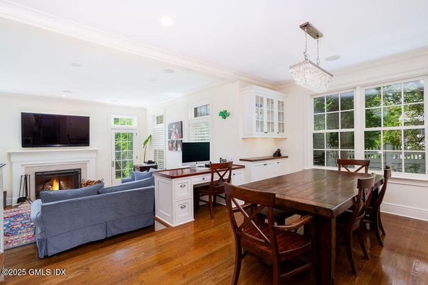 Chandelier, Fireplace, Home Office, Interior, Living room, Recessed Lighting, Wood Texture Flooring
