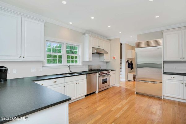 Interior, Kitchen, Recessed Lighting, Stainless Steel Appliances, Wood Texture Flooring