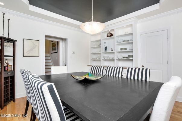 Dining room, Interior, Pendant Lights, Wood Texture Flooring