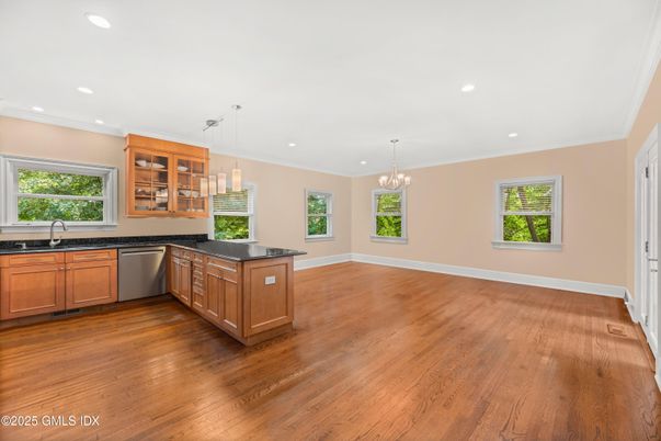 Chandelier, Interior, Kitchen, Pendant Lights, Recessed Lighting, Wood Texture Flooring