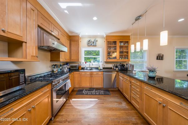 Interior, Kitchen, Pendant Lights, Recessed Lighting, Stainless Steel Appliances, Wood Texture Flooring