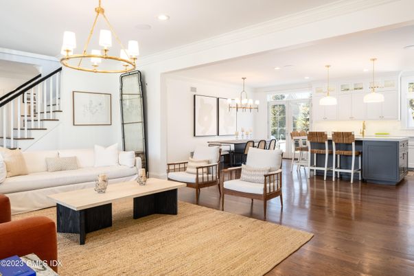 Chandelier, Dining room, Interior, Kitchen, Living room, Pendant Lights, Recessed Lighting, Wood Texture Flooring