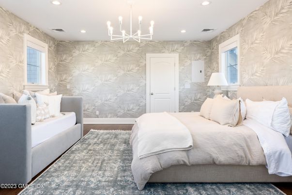 Bedroom, Interior, Pendant Lights, Recessed Lighting, Wood Texture Flooring