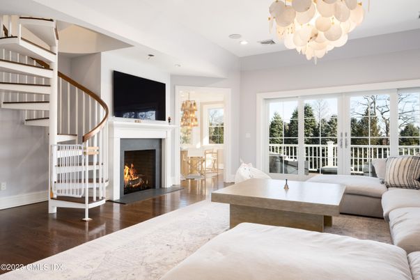 Chandelier, Fireplace, Interior, Living room, Recessed Lighting, Wood Texture Flooring