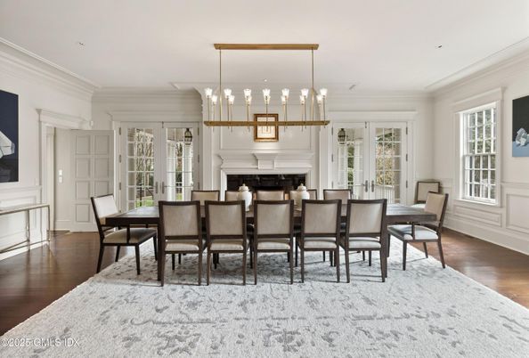 Dining room, Fireplace, Interior, Pendant Lights, Wood Texture Flooring
