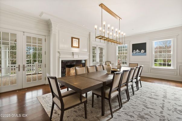 Dining room, Fireplace, Interior, Pendant Lights, Wood Texture Flooring