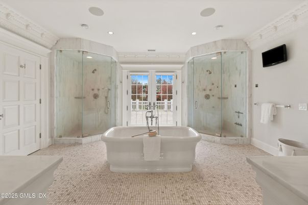 Bathroom, Free Standing Baths, Glass Shower, Interior, Marble Walls, Recessed Lighting