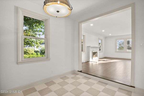 Empty room, Fireplace, Interior, Recessed Lighting, Wood Texture Flooring
