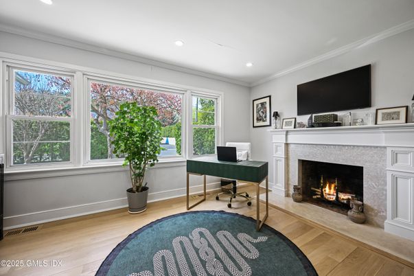 Fireplace, Home Office, Interior, Recessed Lighting, Wood Texture Flooring