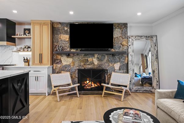 Fireplace, Interior, Recessed Lighting, Stone Walls, Wood Texture Flooring