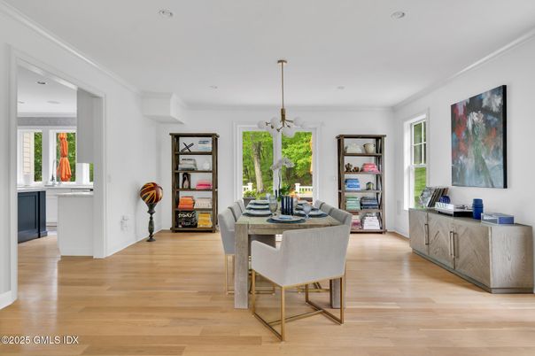 Dining room, Interior, Pendant Lights, Recessed Lighting, Wood Texture Flooring