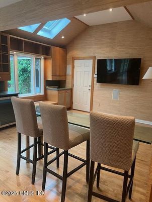 Dining room, Interior, Kitchen, Recessed Lighting, Wood Texture Flooring, Wooden Walls