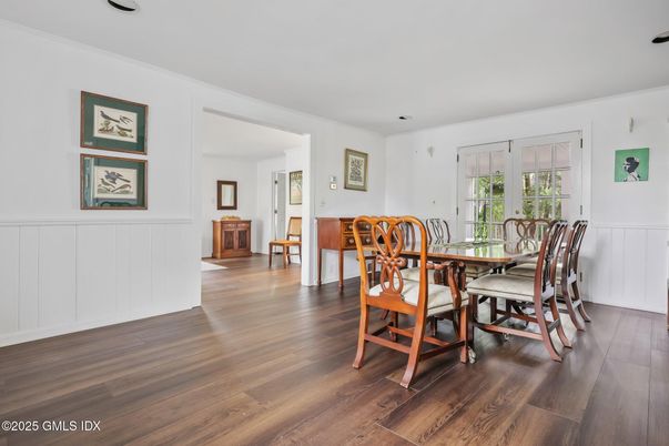Dining room, Interior, Recessed Lighting, Wood Texture Flooring