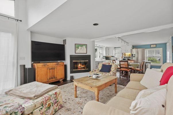 Dining room, Fireplace, Interior, Kitchen, Living room, Wood Texture Flooring