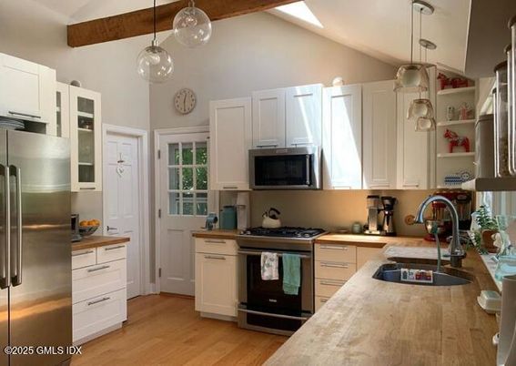 Interior, Kitchen, Pendant Lights, Stainless Steel Appliances, Wooden Beams, Wood Texture Flooring