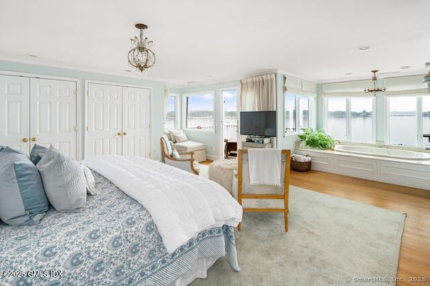Bedroom, Chandelier, Interior, Water, Wood Texture Flooring