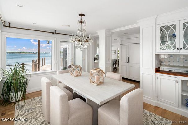 Chandelier, Dining room, Interior, Recessed Lighting, Water, Wood Texture Flooring