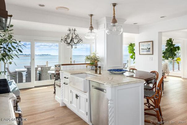Chandelier, Dining room, Interior, Kitchen, Recessed Lighting, Water, Wood Texture Flooring