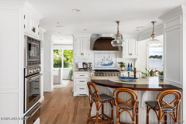 Interior, Kitchen, Pendant Lights, Recessed Lighting, Stainless Steel Appliances, Water, Wood Texture Flooring