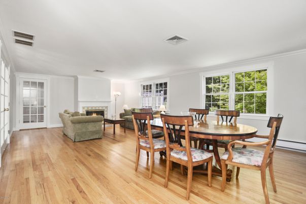 Dining room, Fireplace, Interior, Living room, Wood Texture Flooring