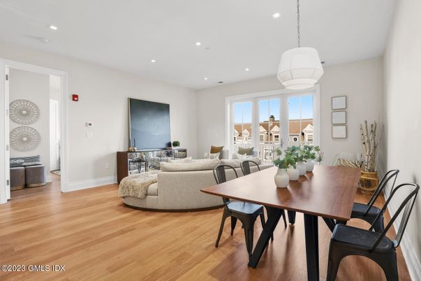 Dining room, Interior, Living room, Pendant Lights, Recessed Lighting, Wood Texture Flooring