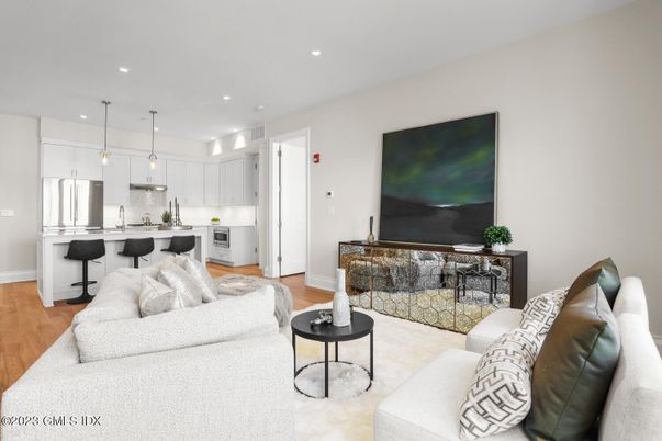 Interior, Kitchen, Living room, Pendant Lights, Recessed Lighting, Stainless Steel Appliances, Wood Texture Flooring
