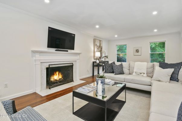 Fireplace, Interior, Living room, Recessed Lighting, Wood Texture Flooring
