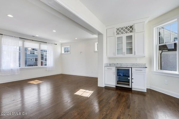 Empty room, Fireplace, Interior, Recessed Lighting, Wood Texture Flooring